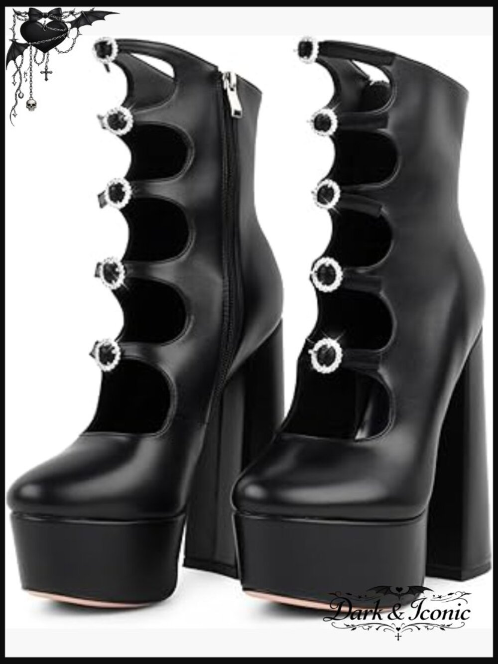 Platform Ankle Boots with Rhinestone Buckle, Chunky Heel, Side Zipper